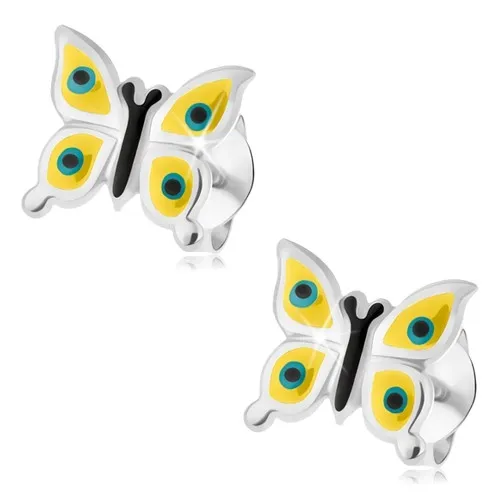 Náušnice, striebro 925, žltý motýlik, čierno-modré bodky, puzetové zapínanie