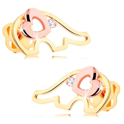 Zlaté náušnice 585 - dvojfarebná kontúra sloníka, číre zirkónové očko