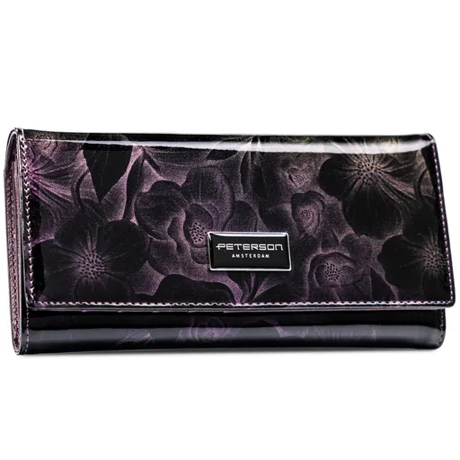 Elegantná fialová lakovaná dámska peňaženka s kvetmi s RFID ochranou – Peterson