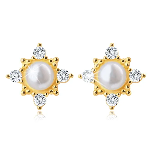 Zlaté náušnice 375 - kvietok s čírymi zirkónikmi, biela perla v strede