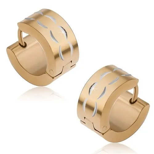 Okrúhle náušnice z ocele zlatej farby s poloblúkmi striebornej farby