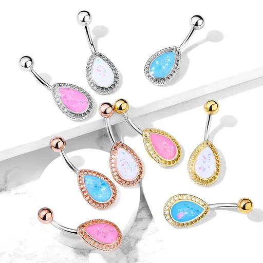 Oceľový piercing do pupka - slza s farebnými odleskami, rôzne variácie - Farba piercing: Strieborná - biela