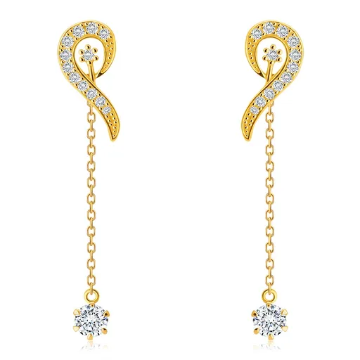 Zlaté 14K náušnice - línia slučky vykladaná zirkónikmi, krátka retiazka so zirkónom v kotlíku