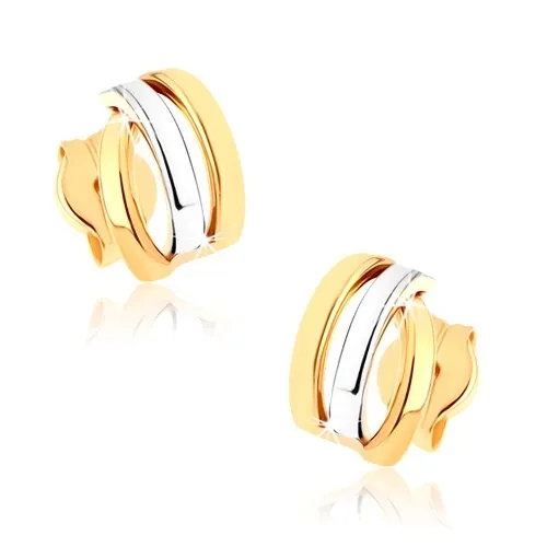Zlaté 9K náušnice s tromi oblúkmi v dvojfarebnom prevedení
