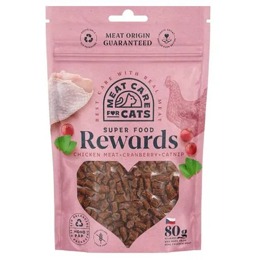 MEAT CARE Rewards Kuracie maškrty pre mačky s kocúrnikom a brusnicou 80 g