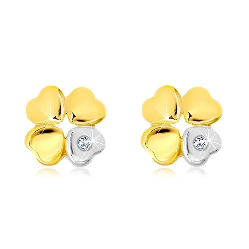 Náušnice zo 14K zlata - štvorlístok pre šťastie, srdiečko so zirkónom