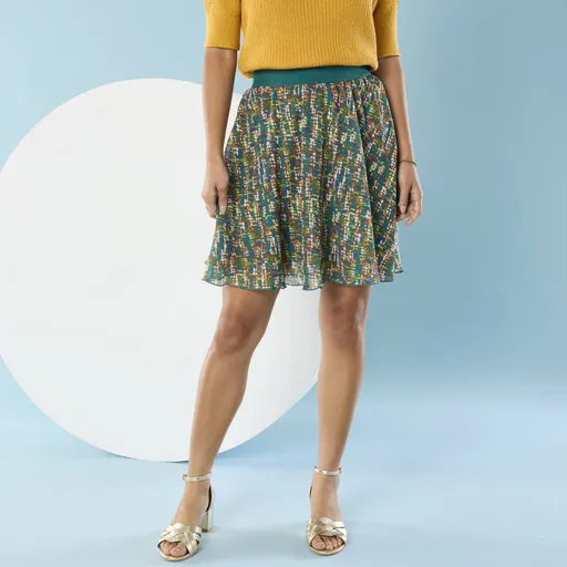 Krátka rozšírená sukňa s potlačou pre nižšiu postavu