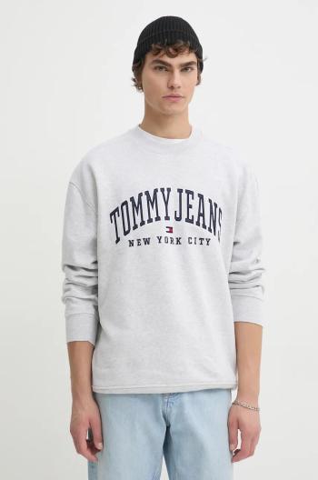 Mikina Tommy Jeans pánska, šedá farba, s nášivkou, DM0DM19757