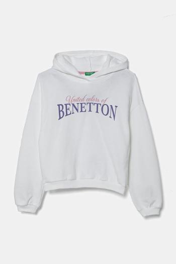Detská bavlnená mikina United Colors of Benetton biela farba, s kapucňou, s potlačou, 3J68C204D