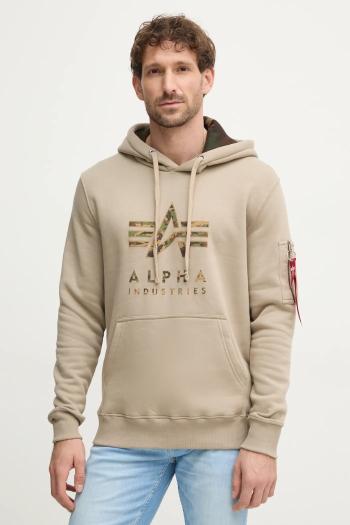 Mikina Alpha Industries pánska, béžová farba, s kapucňou, s potlačou, 146337