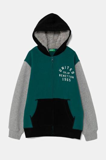 Detská mikina United Colors of Benetton zelená farba, s kapucňou, s potlačou, 3EB5C504H