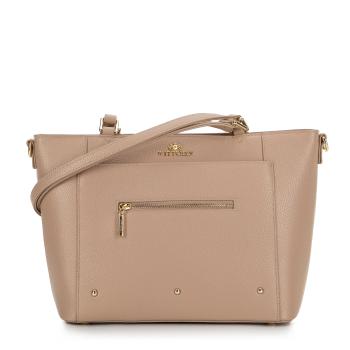 Dámska shopper kabelka z kože s vreckami béžová 100-4E-607-9