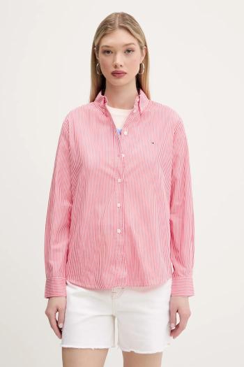 Bavlnená košeľa Tommy Jeans ružová farba, voľný strih, s klasickým golierom, DW0DW20290