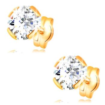Zlaté náušnice 585 - okrúhly zirkón čírej farby, puzetky, 6 mm