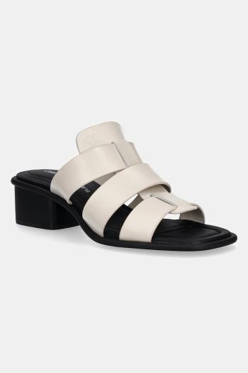 Šľapky Calvin Klein Jeans HEEL SQUARE MG LTH dámske, béžová farba, na podpätku, YW0YW01702