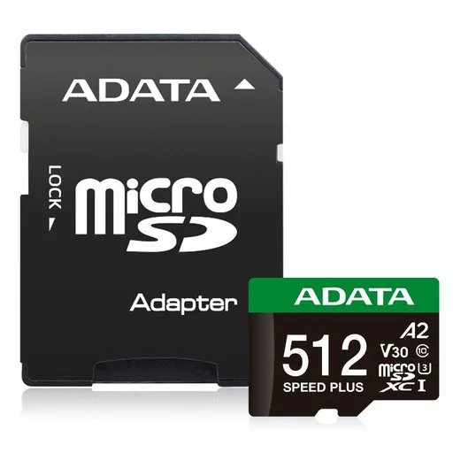 ADATA MicroSDXC karta 512 GB Speed Plus, U3, C10, A2, V30 (R: 180/W: 160 MB/s) + SD adaptér