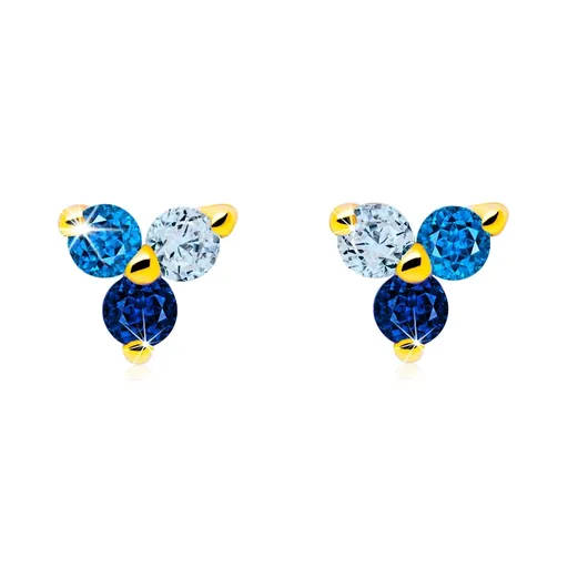 Zlaté náušnice 14K s trojfarebnými zirkónmi v tvare trojlístka