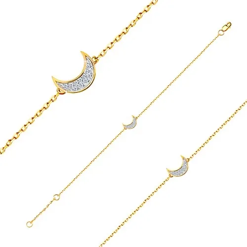 Zlatý 14K náramok - jemná lesklá retiazka, polmesiac vykladaný zirkónmi
