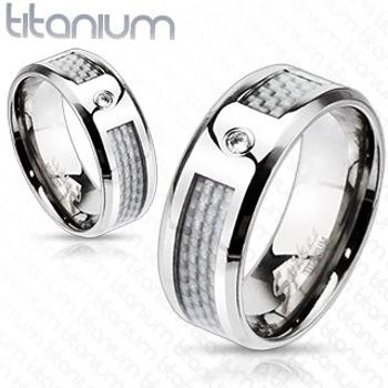 Titánový prsteň - biely sieťovaný vzor so zirkónom - Veľkosť: 52 mm