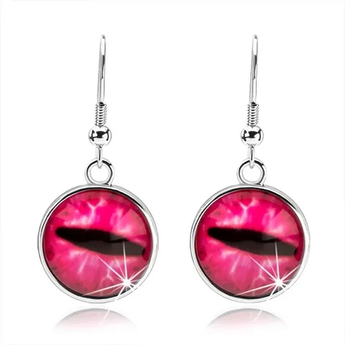 Okrúhle cabochon náušnice, číre vypuklé sklo, ružové mačacie oko