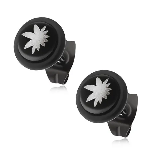 Čierne puzetové náušnice z ocele, list marihuany