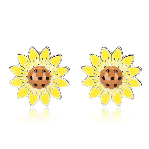 Strieborné náušnice 925 - slnečnica s bodkami a striebornými líniami, puzetky