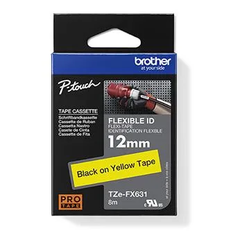 Brother originál páska do tlačiarne štítkov, Brother, TZE-FX631, černý tlač/žltý podklad, laminovaná, 8m, 12mm, flexibilná