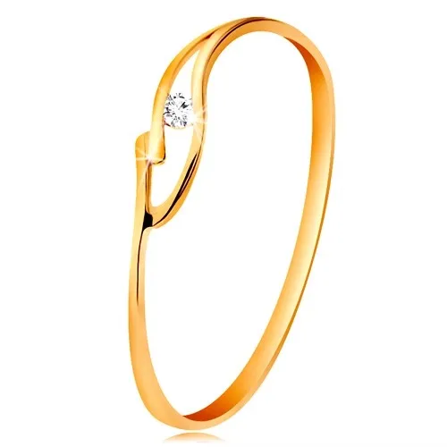 Prsteň zo žltého zlata 585 s trblietavým zirkónikom, rozdelené zvlnené ramená - Veľkosť: 62 mm