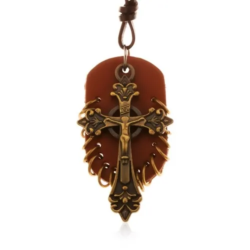 Kožený náhrdelník, prívesky - hnedý ovál s malými krúžkami a keltský kríž