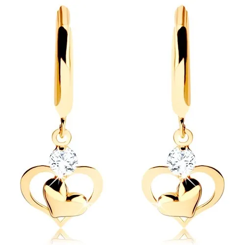 Briliantové zlaté náušnice 585 - lesklý kruh s visiacim diamantom a srdiečkami