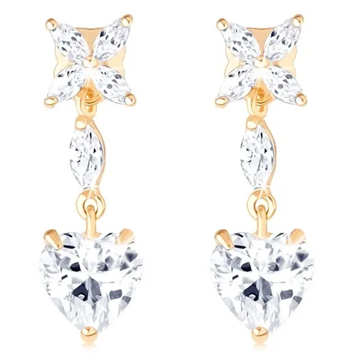 Zlaté náušnice 585 - číry kvietok, zrnko a súmerné srdiečko zo zirkónu