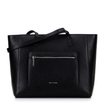 Kožená taška shopper s vreckami na prednej strane čierna so strieborným logom 100-4E-620-1S