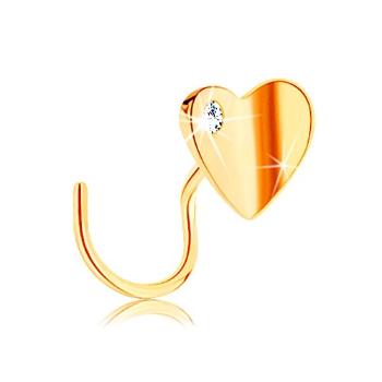 Zlatý piercing do nosa 585, zahnutý - lesklé zalomené srdiečko so zirkónom