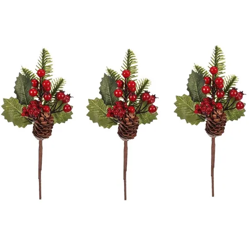 Set vetvičiek so šiškami a bobuľami, 3 ks, červená, 24 cm