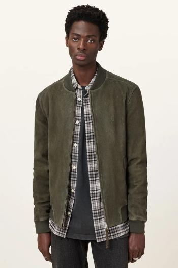 Semišová bunda AllSaints BUCKLEY zelená farba, prechodná, M022LC