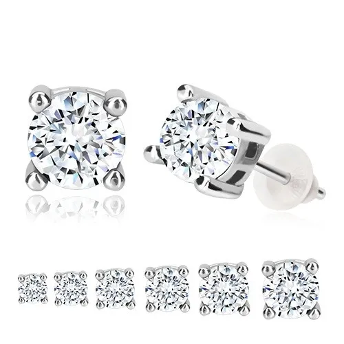 Náušnice zo striebra 925, okrúhly číry kamienok v kotlíku - Veľkosť zirkónu: 3 mm