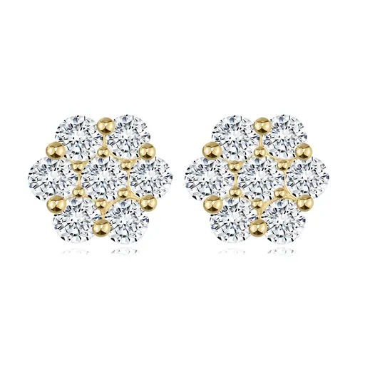 Náušnice v žltom zlate 585 - motív kvetu, okrúhle zirkóny, puzetky