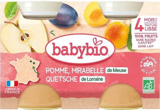BABYBIO, Mirabelky, jablko, 2× 130 g (3288131510927)