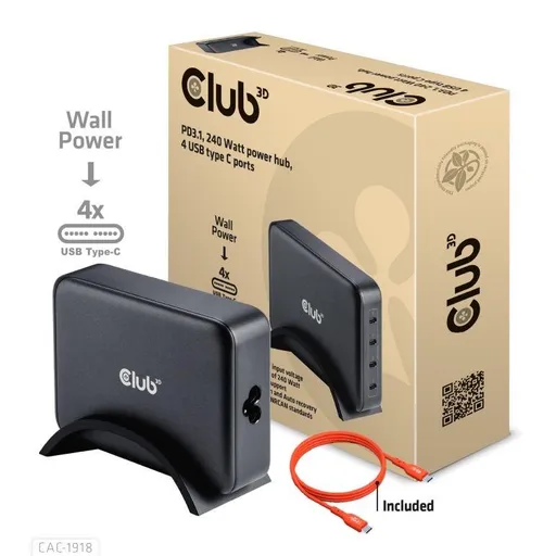 Club3D cestovná nabíjačka 240W GaN technológia, 4xUSB-C, PPS + PD 3.1 Support