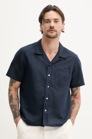 Ľanová košeľa ZADIG&VOLTAIRE pánska, tmavomodrá farba, voľný strih, WMSH01328