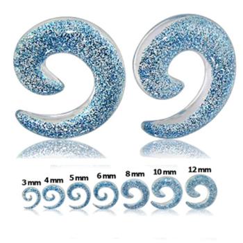 Priehľadný expander do ucha - špirála s modrými trblietkami - Hrúbka: 4 mm