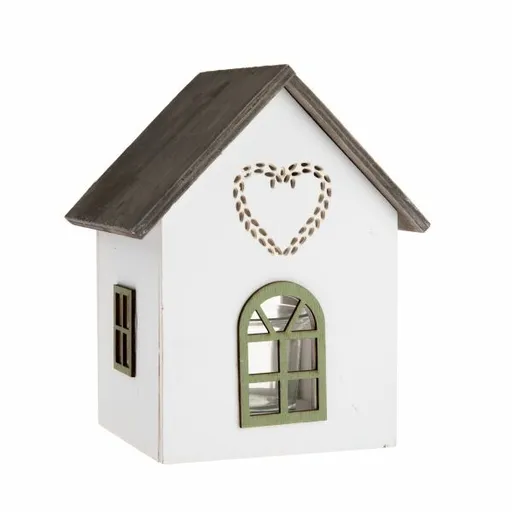 Drevený svietnik so skleneným domčekom so srdcom,15 cm, zelený