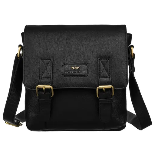 Klasická, čierna pánska messenger taška z prírodnej kože, zavesená na nastaviteľnom popruhu - Peterson