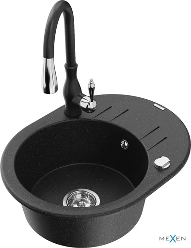 MEXEN/S MEXEN/S - Kevin granitový drez 1 s odkvapkávačom vrátane batérie Savita, čierna/strieborná metalík 6517-73-672601-70