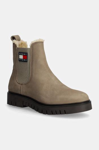Nubukové chelsea čižmy Tommy Jeans TJW NUBUCK CHELSEA WL béžová farba, na plochom podpätku, zateplené, EN0EN02688
