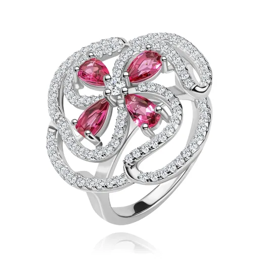 Prsteň, striebro 925, vypuklý kvet z ružových zirkónových kvapiek a čírych línií - Veľkosť: 60 mm