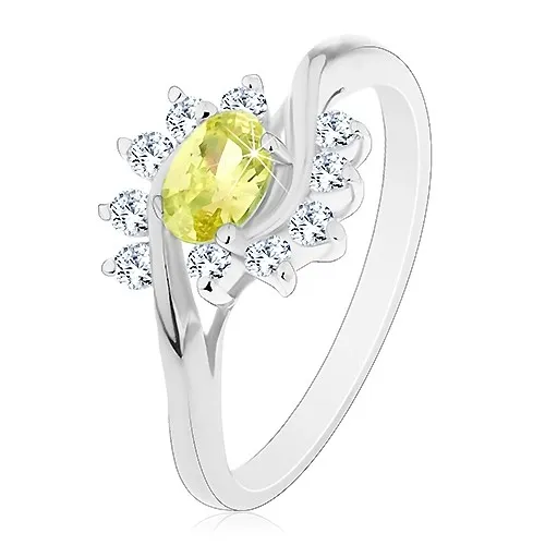 Prsteň s lesklými ramenami, svetlozelený zirkónový ovál a oblúčiky z čírych zirkónov - Veľkosť: 49 mm, Farba: Svetlozelená