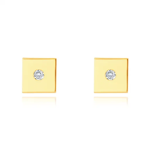 Zlaté 14K náušnice - hladký lesklý štvorček, drobný okrúhly zirkón, puzetové zapínanie