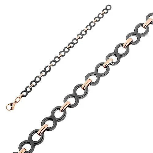 Oceľovo-keramický náramok, čierne symboly nekonečna, ovály medenej farby