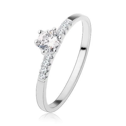 Zásnubný strieborný prsteň 925, okrúhly číry zirkón, ligotavé línie na ramenách - Veľkosť: 57 mm